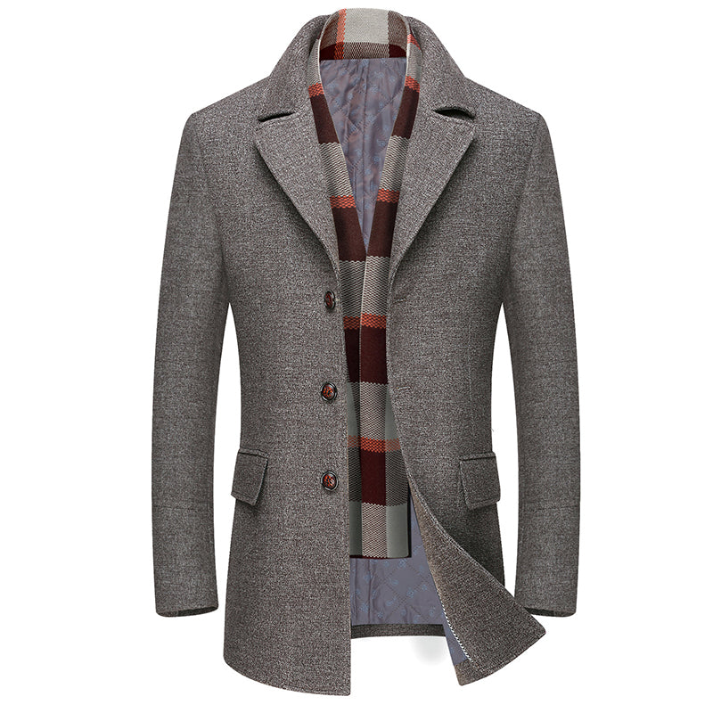 Winter Thick Men Wool Jacket Scarf Detachable